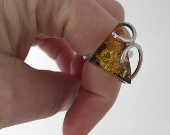 Vintage Sterling Silver Avante Garde Modernist Geometric Amber Ladies Statement Ring