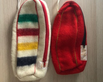 Vintage Mid Century HBC Hudson's Bay Company Rainbow Striped and Red/Black Wood Shoe Bags