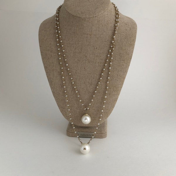 Vintage Long Elegant Two Tiered Layered Coro Large Faux Pearl Drop Necklace