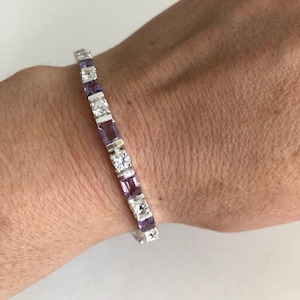 Vintage Sterling Silver Amethyst Cubic Zirconia Tennis Bracelet