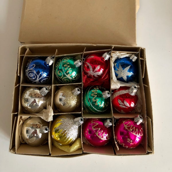 Boxed Set of Tiny Mini Mica Decorated Feather Christmas Tree Mercury Glass Ornaments