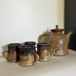 Vintage 1970s Canadian Studio Pottery Stoneware Coffee Tea Mugs and Coffee Pot or Teapot