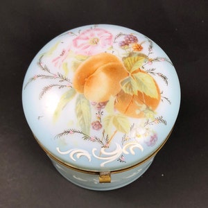 Antique Bohemian Enamelled Opaline Glass Large Dresser Jewelry Trinket Powder Jar Decorated with Peaches and Flowers