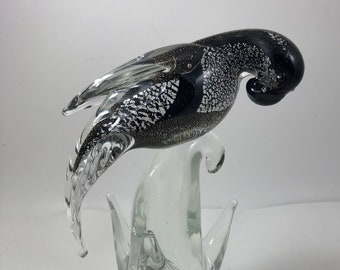 Vintage Murano venezianisches italienisches Glas Papagei Figur schwarz mit Silber und Gold