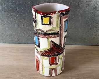 Vintage Mid Century Modern Italian Pottery Sgraffito Cityscape Buildings Architectural Design Vase