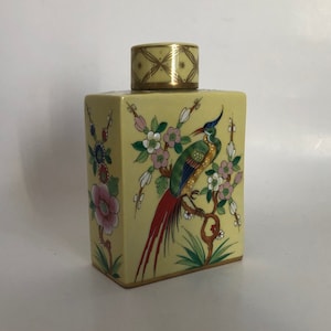 Antique Spanish Yellow Enamelled Porcelain Tea Caddy Bird of Paradise and Flowers