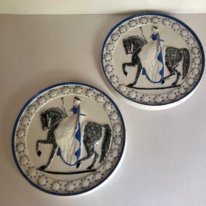 Pair of Georgian 18th Century Staffordshire Pearlware Prattware Spongeware Wall Hanging Plaques Medieval Lady or Queen