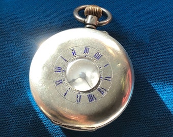 Antique English Sterling Silver Half Hunter Pocket Watch Blue Enamel Detailing