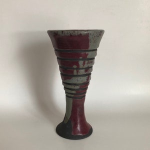 Vintage Studio Pottery Vase in Red and Grey Signed Mimi