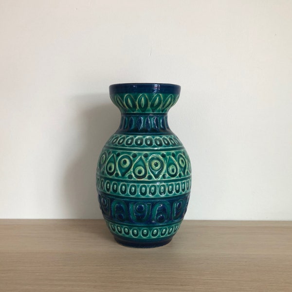 Vintage Mid Century Modern West Germany Pottery Bay 92 20 Turquoise and Cobalt Blue Vase