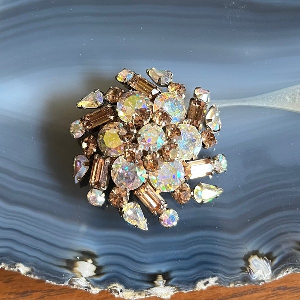 Vintage Sherman Topaz and Aurora Borealis Rhinestone Brooch