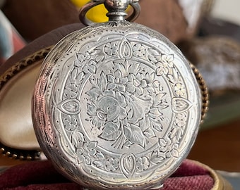 Antique Key Wind 935 Silver Pocket Watch Fancy Engraved Case