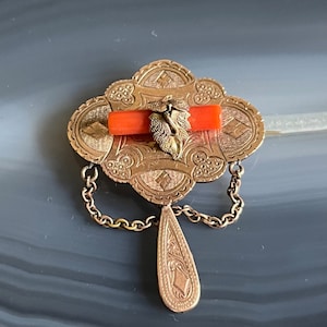 Antique Victorian 9ct Rose Gold Engraved Dangle Drop Coral Brooch