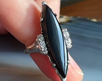 Vintage 10K witgouden zwarte onyx Navette-ring