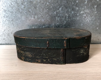 Antique Bergen Style Norwegian or Swedish Tine Scandinavian Bentwood Pine Box Green Painted Die or Poker Decorated