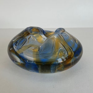Vintage Mid Century Modern Blue and Amber Art Glass Ashtray Possibly Czech