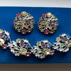 Vintage Mid Century Lisner Fruit Salad Rhinestone Bracelet and Clip On Earrings