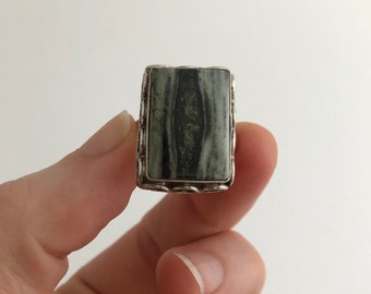 Vintage Large Boho Sterling Silver Zebra Agate Statement Ring