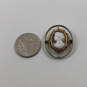 May include: A cameo brooch with a white cameo of a woman's profile set in a gold frame. The frame is surrounded by a silver filigree design.