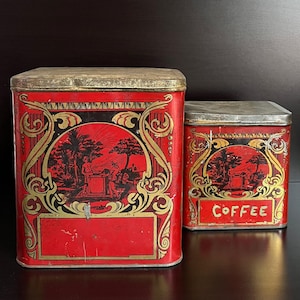 Antique Ocean Blend ? Red and Gold Tea Tins Large & Small Rustic Farmhouse Kitchen Decor