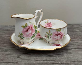 Vintage Royal Albert American Beauty Creamer & Sugar Bowl Art Deco Tray