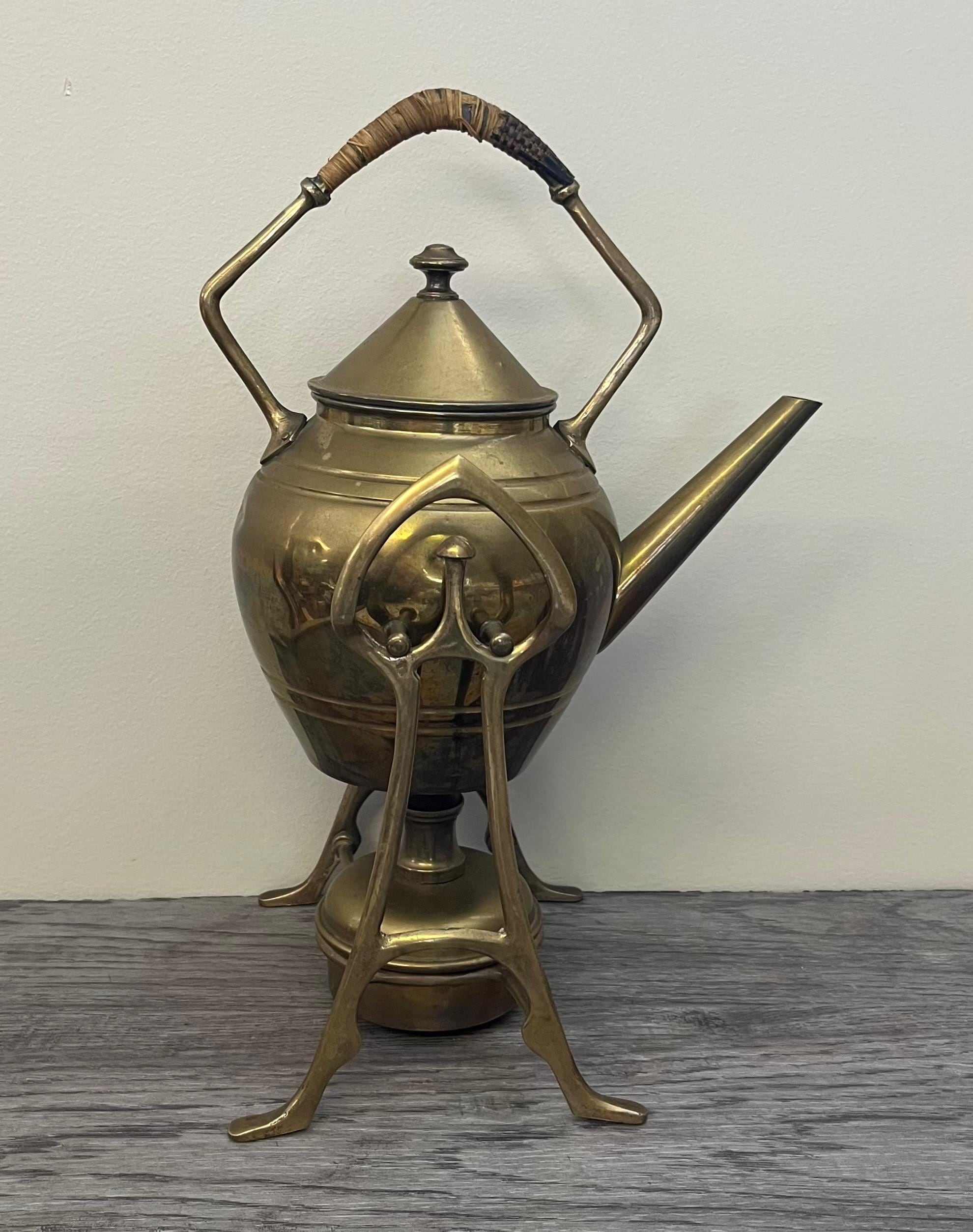 Antique Art Nouveau Secessionist Style Brass Tea Spirit Kettle on