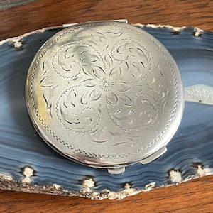 Vintage Sterling Silber Großer Runder Taschenspiegel mit Gravur