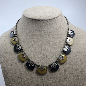 Art Deco Machine Age Jacob Bengel Chrome Black and Yellow Galalith Necklace