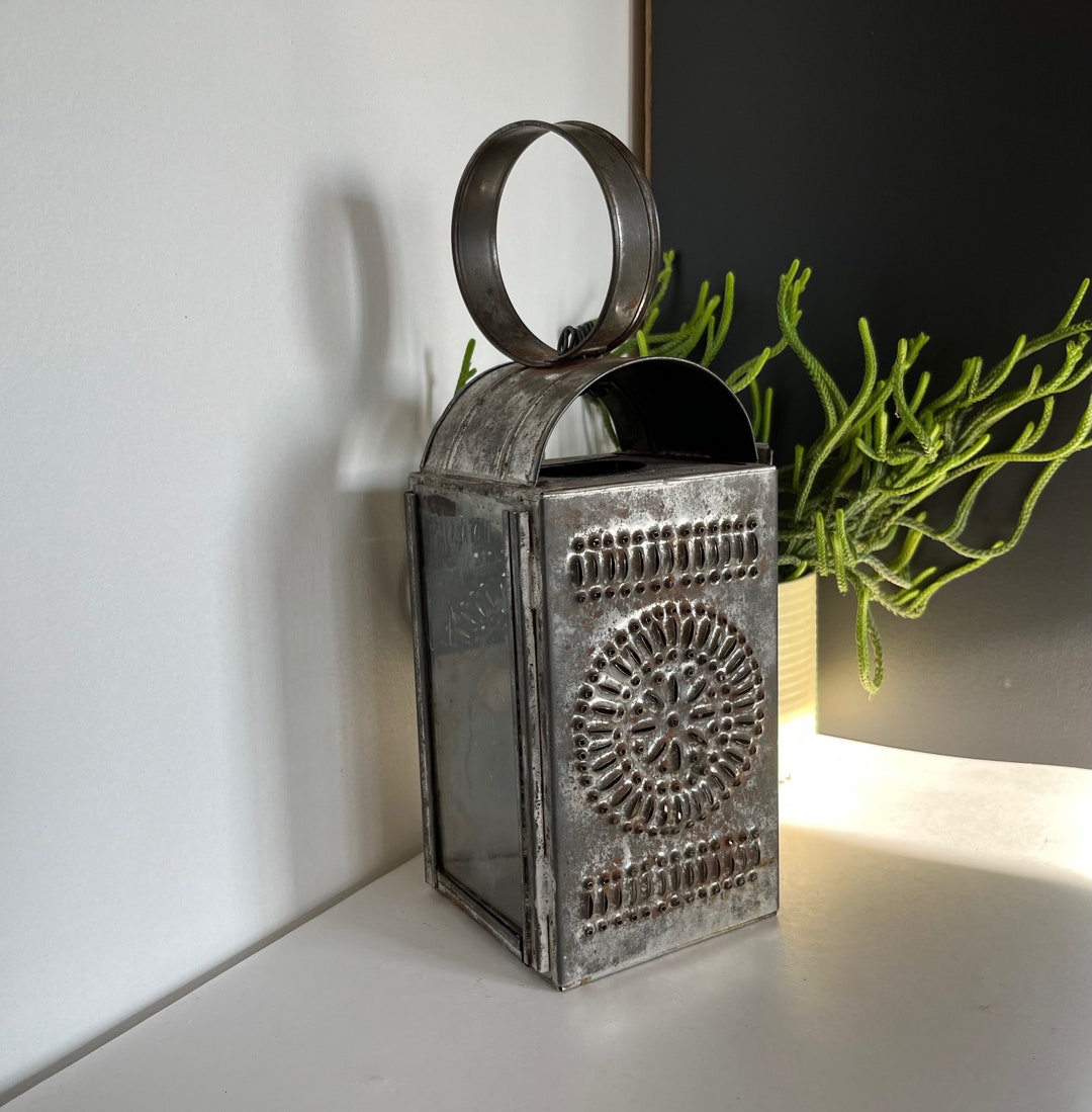 Antique 19th Century Punched Tin Glass Candle Lantern Etsy