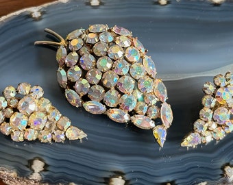 Vintage 1950s Aurora Borealis Rhinestone Brooch and Earrings Set