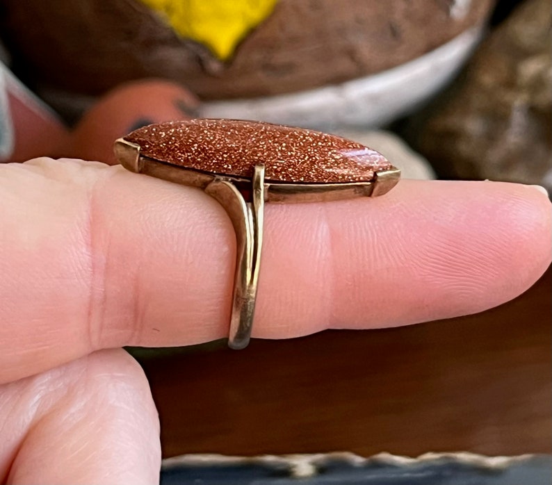 Vintage Antique 10K Gold Long Goldstone Navette Ladies Ring image 8