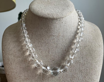 Antique 1920s Hand Faceted Crystal Bead Necklace Like Rock Crystal