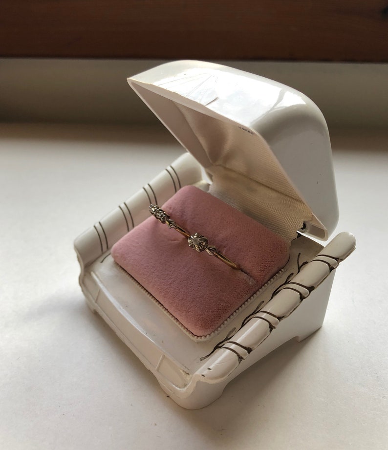 Vintage Art Deco weiße Zelluloid-rosa Samt-Innenraum-Braut-Set-Geschenk-Ausstellungs-Verlobungs-Vorschlags-Ring-Kasten Bild 8