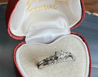 Vintage Mid Century 18K White Gold Diamond Engagement and Wedding Ring Band Bridal Set