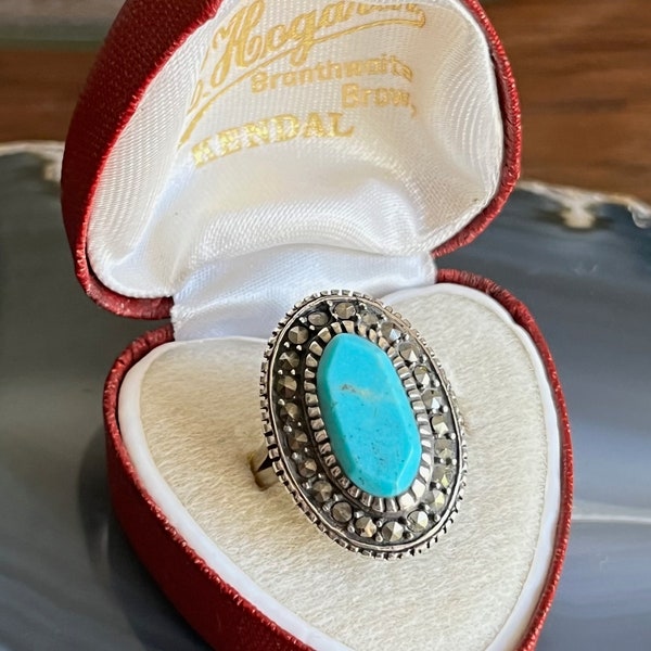 Vintage Barse Thai Sterling Silver Turquoise and Marcasite Ladies Ring