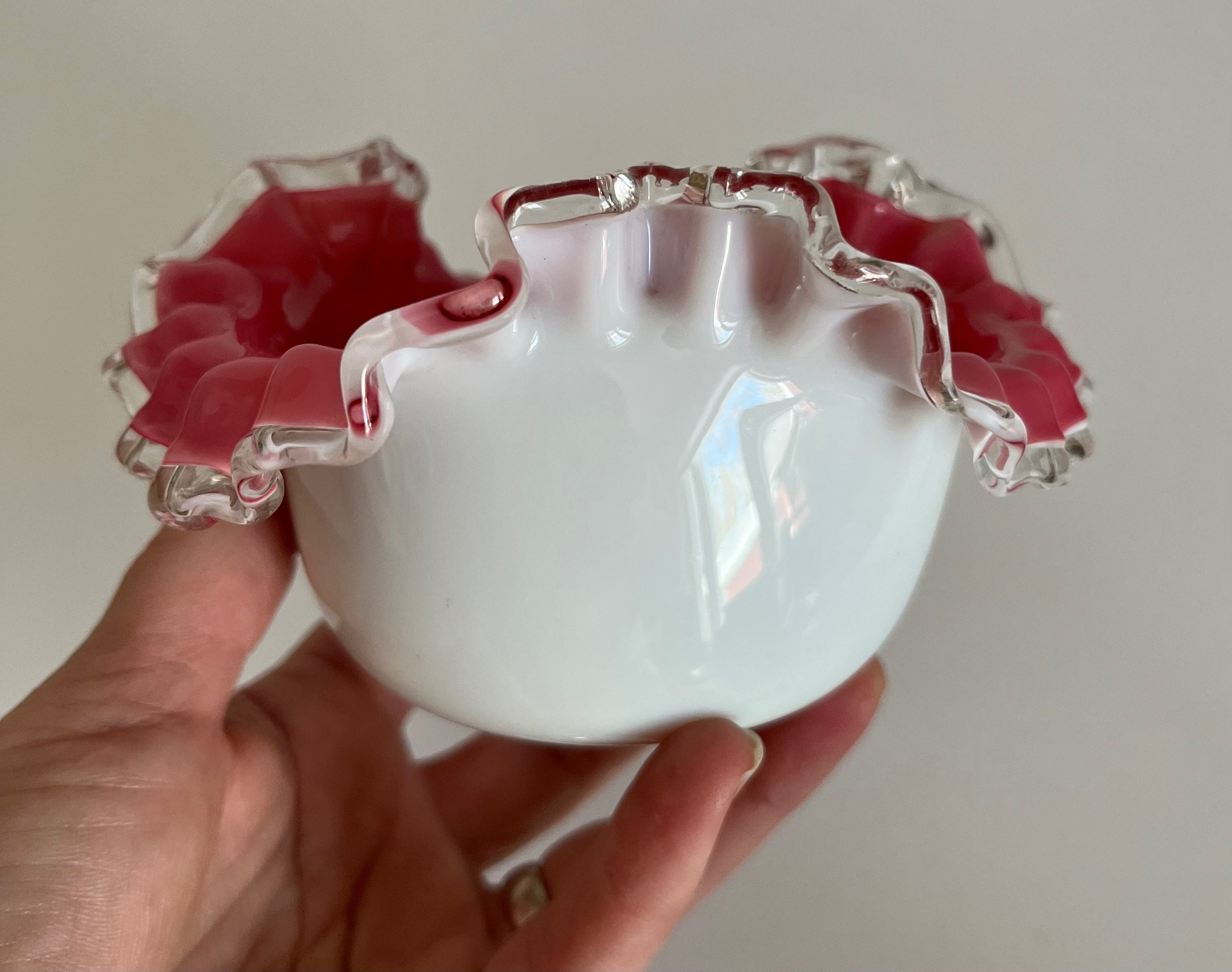 Pink Ruffle Rim Antique Fenton Rosecrest Pink and Milk Glass Ruffled Rim Candy Dish ...