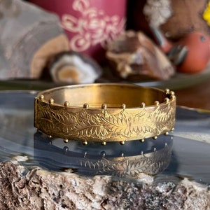 Antique Victorian Gold Over Silver Fern Engraved Clamper Bangle Bracelet