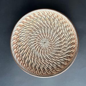 Puede incluir: Un cuenco decorativo redondo con un diseño en espiral. El interior del cuenco presenta un diseño texturizado en tonos marrones y crema, creando un efecto de vórtice visual. El borde es de un marrón más oscuro, proporcionando un borde definido. El cuenco es probablemente de cerámica.