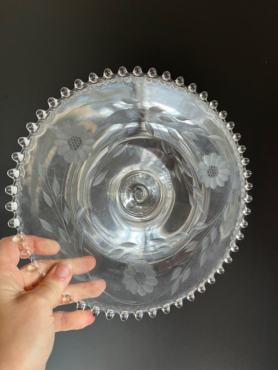 Vintage Candlewick Hughes Cornflower Cut Glass Pedestal Cake Stand