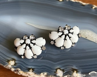 Vintage Mid Century Continental Milk White and Crystal Rhinestone Black Japanned Clip On Earrings