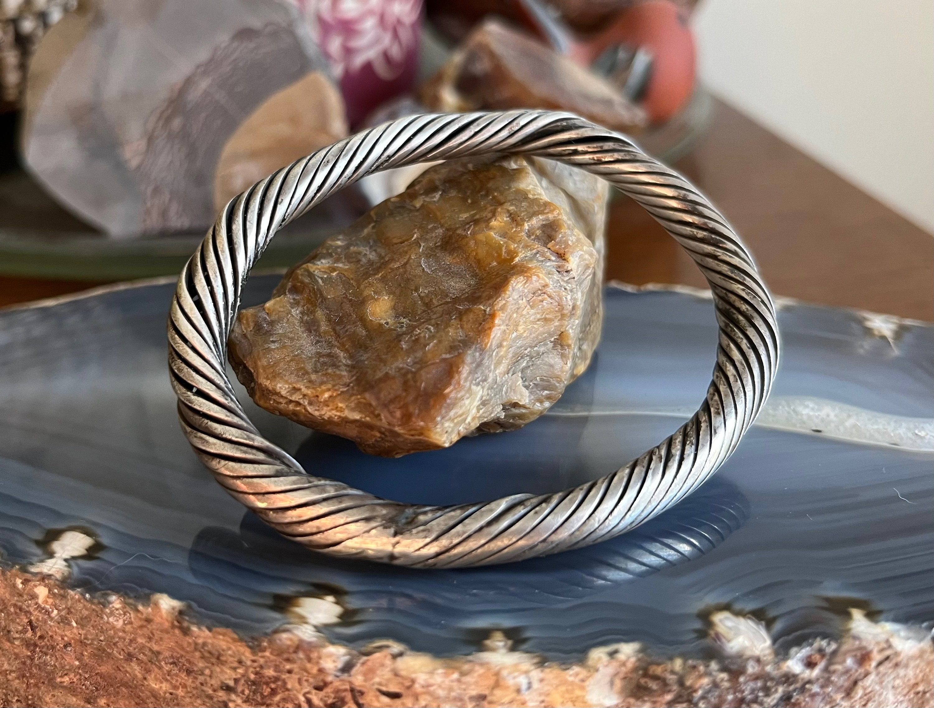 Ancient Antique Silver Viking Torc Flattened Rope Twist Bangle