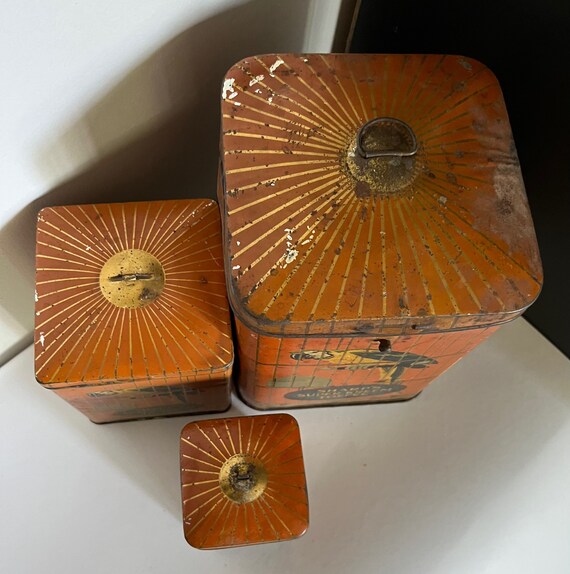 Set of 3 Antique 1920s Sharps Super Green Toffee Tins Parrot in a
