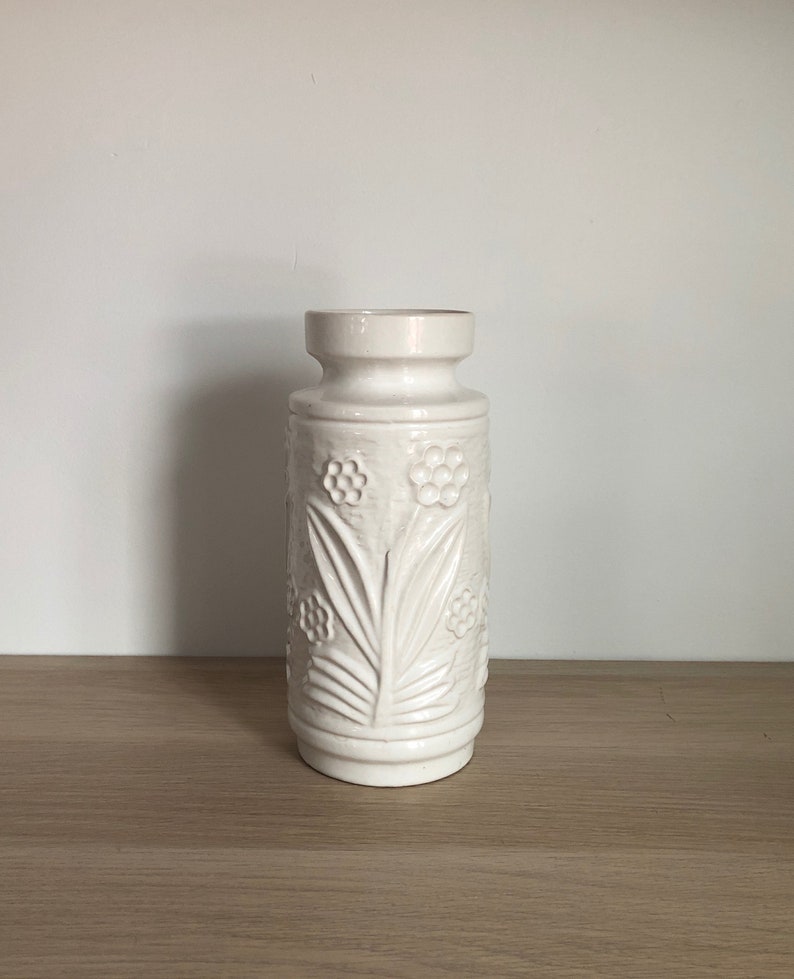 1960s West German Pottery Ilkra Keramik Model 70/23 White Floral Relief Mid Century Vase image 3