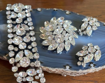 Vintage Mid Century Sherman Crystal Rhinestone Bracelet Brooch and Earrings Set
