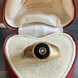 Vintage Art Deco 10K Gold Black Onyx Diamond Signet Ring Mens or Ladies