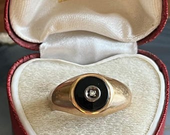 Vintage art-deco 10 kt goud zwarte onyx diamanten zegelring heren of dames