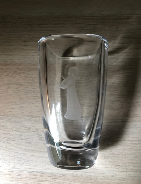 Vintage Signed Orrefors Sweden Crystal Vase Engraved Little Girl