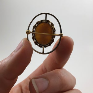 May include: A gold and silver oval brooch with a brown cameo set in a gold frame. The frame is decorated with a braided design.