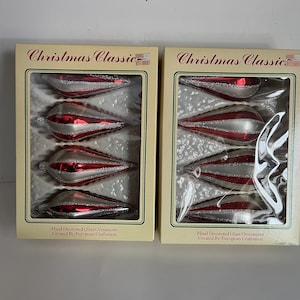 2 Boxes of Vintage Christmas Classic Hand Decorated Glass Teardrop Silver Mica Tree Ornaments