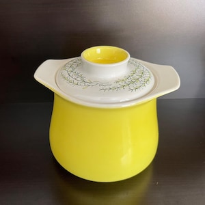 Peut inclure: Un pot à thym en céramique jaune vif avec un couvercle blanc. Le couvercle présente un motif de brins de thym verts et le mot "Thyme". Le pot est de forme arrondie et possède de petites poignées.
